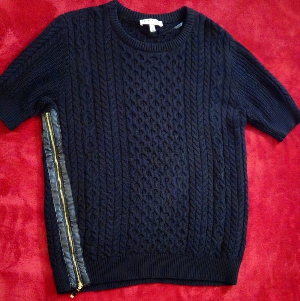 Chaus Black Cable Knit Sweater w/ Side Gold Zipper-Faux Leather Trim -Size Large